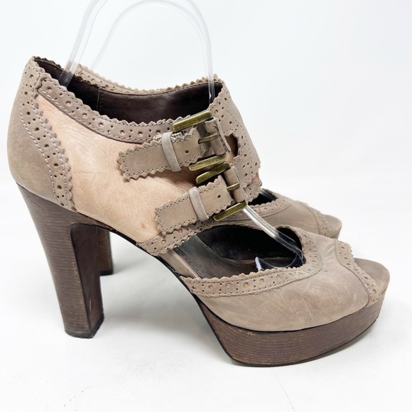 Halogen Shoes - HALOGEN TAUPE BROWN DOUBLE BUCKLE LEATHER PLATFORM HEELS LYNDEN WOMENS SZ 9
